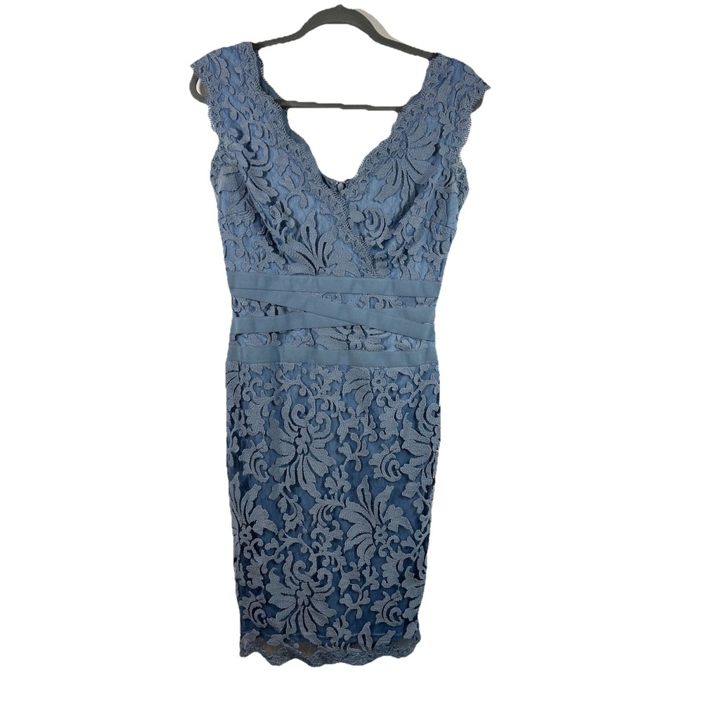 Tadashi Shoji Size 2 Lace Sheath Dress Periwinkle Blue V-Neck Ribbon Waist Party - Picture 2 of 15